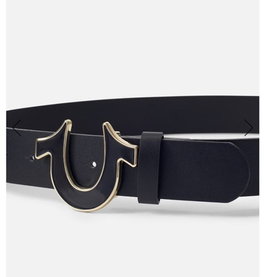 True Religion Mens Belt Size 36 Sage II Enamel Horseshoe Black/Gold buckle